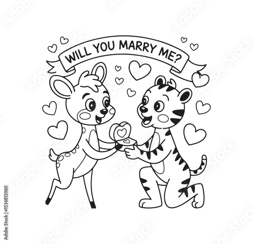 Will you marry me tiger proposing to deer with heart ring romantic cartoon coloring page for kids