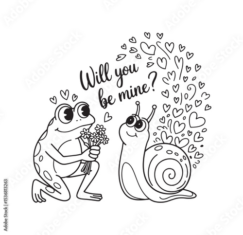 Valentine frog proposing to snail with flowers and hearts cute romantic animal coloring page