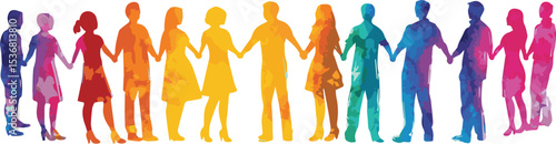 Abstract watercolor background with colorful paint splashes framing silhouettes of a walking business team, illustrating a concept of artistic teamworkAbstract watercolor background with colorful pain