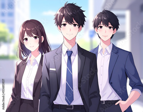日本人の男女3人、ビジネスシーン、マンガ、アニメーション風のイラスト素材、生成AI画像