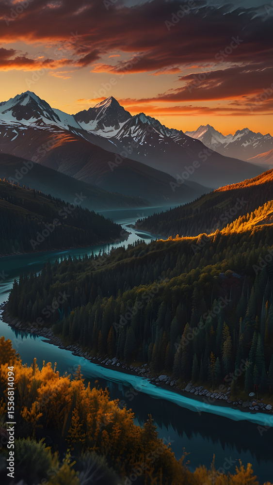 custom made wallpaper toronto digitalA breathtaking mountain landscape showcases a dramatic sunrise or sunset, sunset or sunrise over autumn mountains and elegant orange-yellow minimalistic wallpaper with space.  