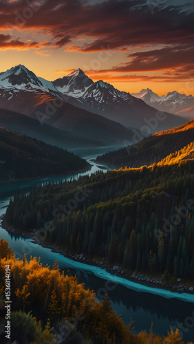 Wallpaper Mural A breathtaking mountain landscape showcases a dramatic sunrise or sunset, sunset or sunrise over autumn mountains and elegant orange-yellow minimalistic wallpaper with space.   Torontodigital.ca