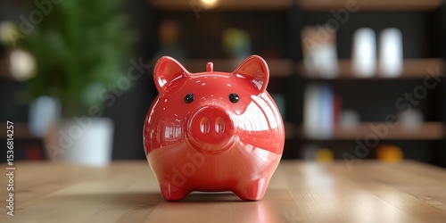 Bright red piggy bank on wooden table in modern interior setting reflects saving habits and financial planning