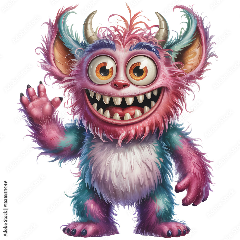 A colorful, furry creature with large eyes and wide grin raises its hand to wave, showcasing its playful horns and vibrant fur. A colorful, furry creature with large eyes and wide grin raises its hand to wave, showcasing its playful horns and vibrant fur.