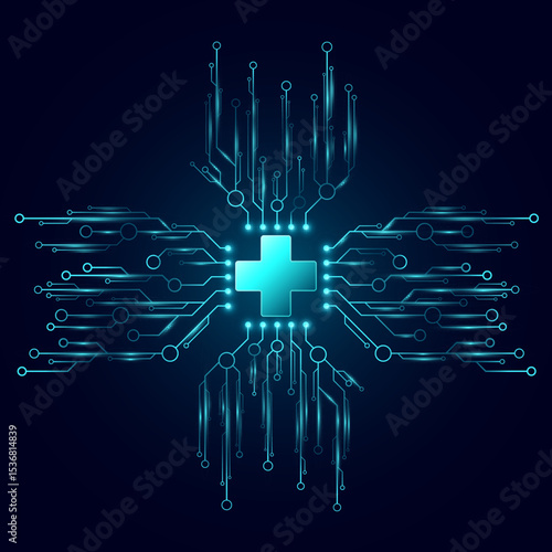 Glowing blue medical cross at the center integrated with a futuristic circuit network on a dark background. Digital healthcare backdrop. Vector illustration.