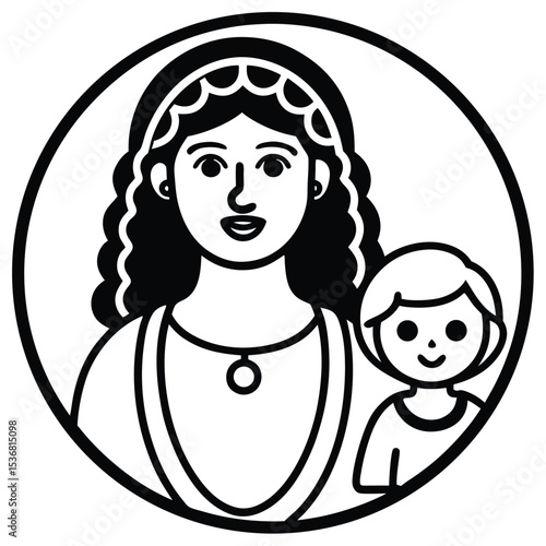 Stylish vector illustration of a mother and her child, showcasing their beautiful faces and hair with a glamorous cartoon design