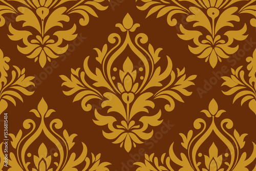 Elegant Gold Damask Pattern Brown Background Seamless Design Texture