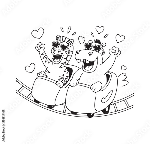 Cute zebra and hippo riding roller coaster with heart glasses in cartoon outline style