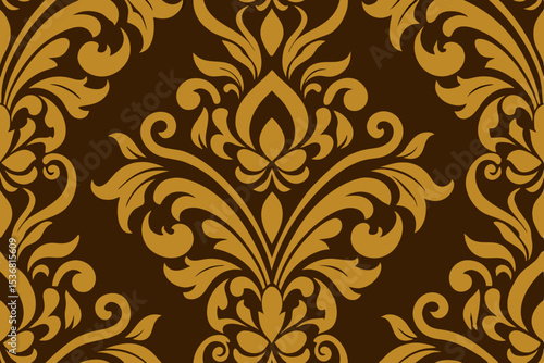 Elegant Damask Pattern Golden Flourishes on Dark Brown Background Seamless Texture