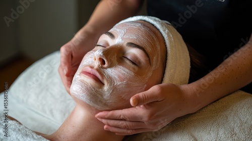 Beautician gently applying a moisturizing face mask to a relaxed client during a soothing spa treatment, enhancing skin health and promoting deep relaxation for ultimate wellbeing