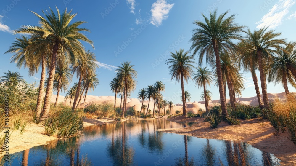 Obraz premium Lush Oasis Scene Features Palm Trees Sand Dunes and Clear Water