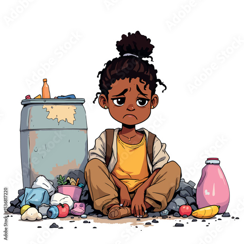 Vsai sad homeless african girl sitting near garbage dumpster looking hungry and depressed