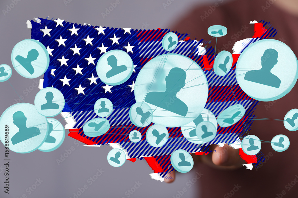 Fototapeta premium Visual representation of social media network across the United States. Ideal for articles on social trends, connectivity, and demographics.
