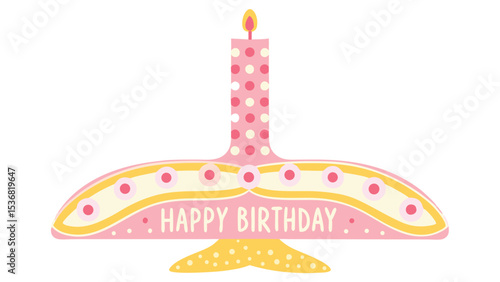 Illustration of a pink polka dotted birthday candle with happy birthday text and yellow base design