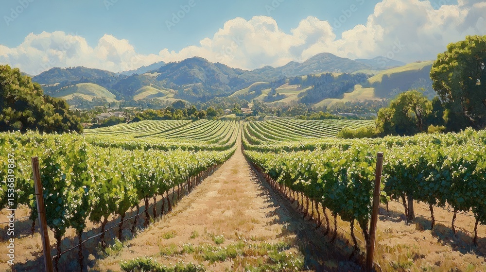 Naklejka premium Vineyard Rows Stretch Towards Mountains