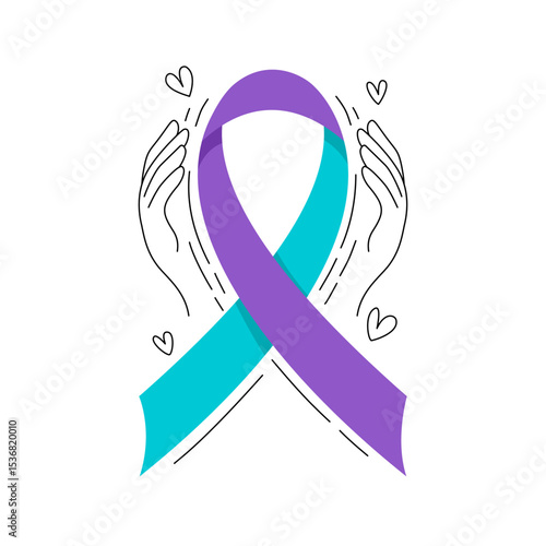 Suicide prevention ribbon with hands holding line drawing, hope and support symbol.