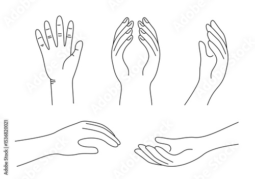 Hand gestures line drawing collection, black and white Illustrations.