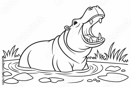 coloring page for kids, a big happy hippo yawning widely in the water, with only its head and back visible above the water line, simple water ripples, thick outlines, black and white