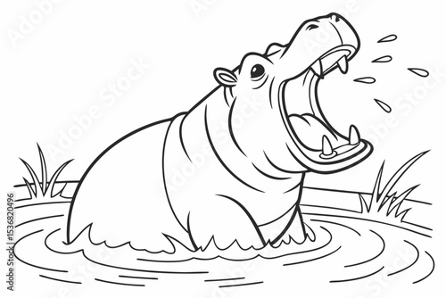 coloring page for kids, a big happy hippo yawning widely in the water, with only its head and back visible above the water line, simple water ripples, thick outlines, black and white