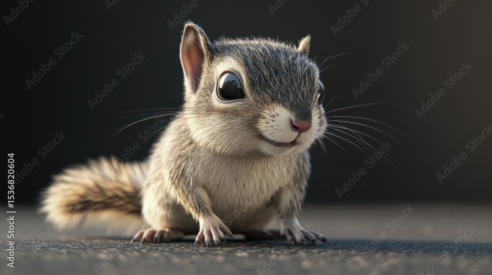 Obraz premium Adorable tiny squirrel with large eyes sitting on dark surface with black background, close-up portrait of cute small rodent explo nature, detailed fur texture