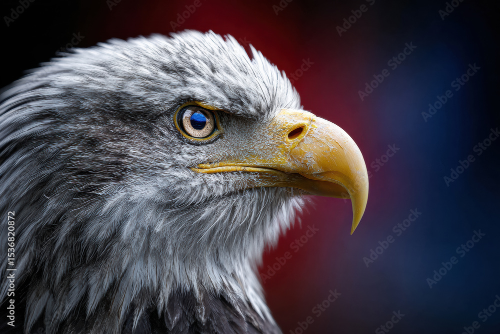 Obraz premium Realistic Bald Eagle Portrait with Sharp Beak and Abstract Patriotic Color Gradient