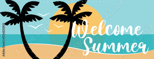 Colorful welcome summer vacation banner with palm trees on the beach. Hand drawn vector illustration. 