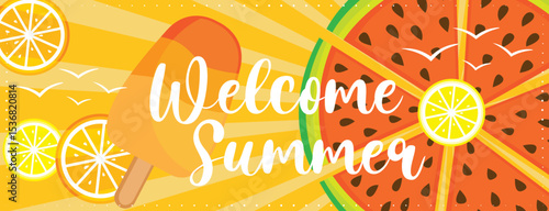 Colorful welcome summer vacation banner with fruits and ice cream. Hand drawn vector illustration. 