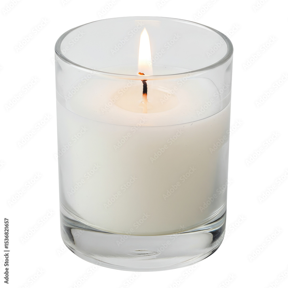 Minimalist Home Decor: A Simple White Candle Glowing Warmly in a Glass Jar. Cut Out, Clipping Path on Transparent Background. Minimalist Home Decor: A Simple White Candle Glowing Warmly in a Glass Jar. Cut Out, Clipping Path on Transparent Background.