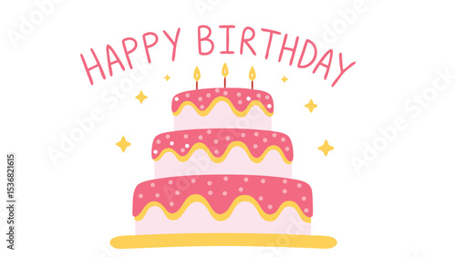 A three tiered pink birthday cake with candles and happy birthday text and stars on a white background