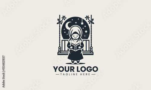 Cheerful Muslim girl in headscarf reading a book on hanging swing in playful outdoor cartoon vector logo illustration design