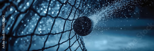 Hockey puck hitting net with ice shards flying, frozen in mid-air, dramatic low angle close-up, cold blue lighting, intense goal moment in professional winter sports competition scene