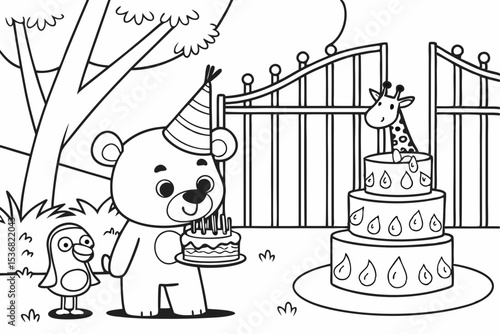 coloring page for kids, a birthday party at the zoo, a bear is wearing a party hat in front of a big cake, surrounded by a monkey, a giraffe, and a penguin as guests, thick outlines, black and white