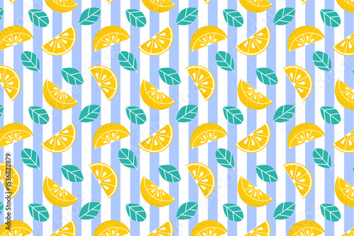 Summer fruits tropical lemon slices seamless pattern repeating background featuring bright yellow lemon slices, tropical leaves, and juicy citrus textures.