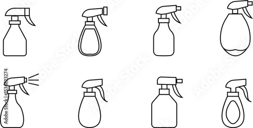 Spray bottle black flat vector icon set, Cleaning spray bottle vector silhouette, modern clean and Fresh sanitizing product design, Useful for various applications like household template elements,