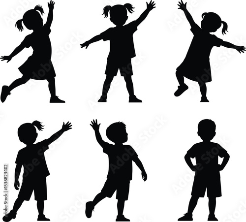 
Black and white silhouette illustration of four kids 