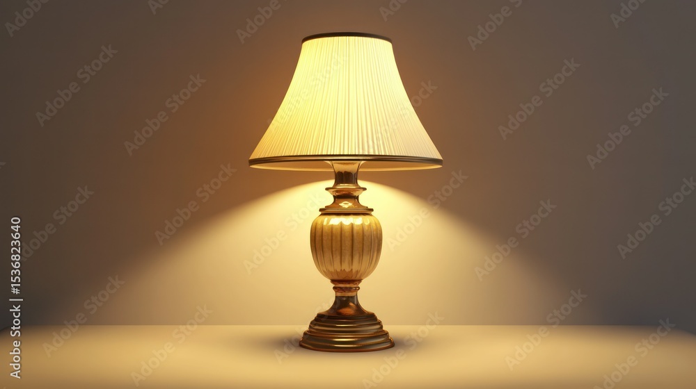 Elegant classic table lamp with beige fabric lampshade and ornate wooden base creating warm cozy lighting in modern home or hotel interior decor setting Elegant classic table lamp with beige fabric lampshade and ornate wooden base creating warm cozy lighting in modern home or hotel interior decor setting