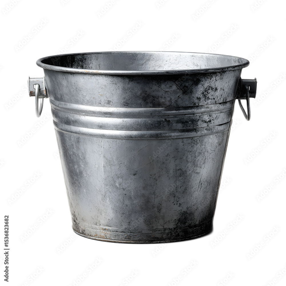 A worn and weathered metal bucket with a classic utilitarian design perfect for use in a garden or as a rustic home decor piece A worn and weathered metal bucket with a classic utilitarian design perfect for use in a garden or as a rustic home decor piece