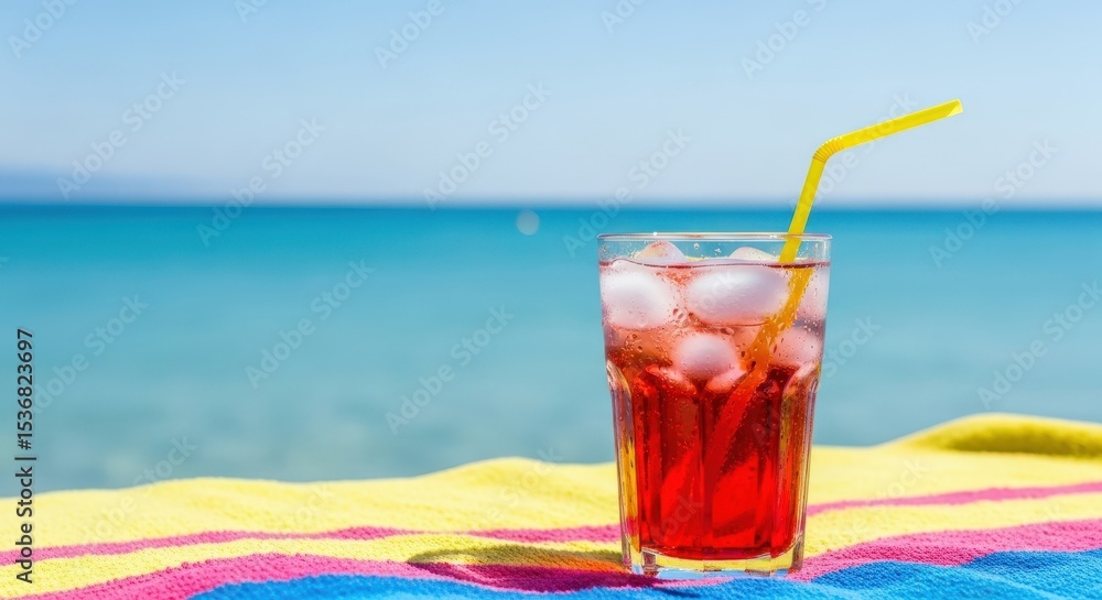Obraz premium Refreshing red summer drink with ice cubes featuring a yellow straw on a colorful beach towel perfect for summer.