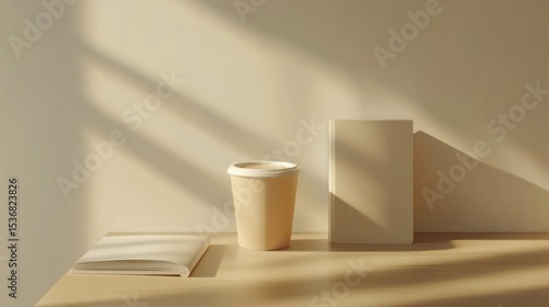 Wallpaper Mural Minimalist Coffee Scene with Paper Cup and Open Notebook on a Sunlit Table Creating Calm Workspace Atmosphere for Relaxation and Creativity Torontodigital.ca