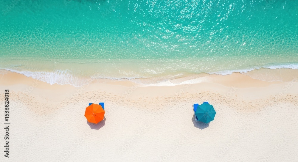 Naklejka premium Beach umbrellas on white sand showcasing turquoise water perfect for travel and vacation websites