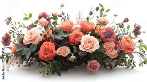 Fototapeta Naklejka Na Ścianę i Meble -  A vibrant floral arrangement featuring a mix of peach, coral, and burgundy roses, anemones, and greenery, creating a stunning centerpiece.