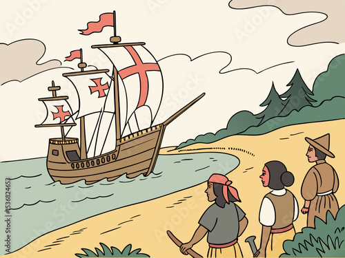 A stylized illustration of a medieval Italian caravel approaching a coastal settlement. A charming, hand-drawn illustration depicting a historical Italian caravel sailing towards a picturesque coastal