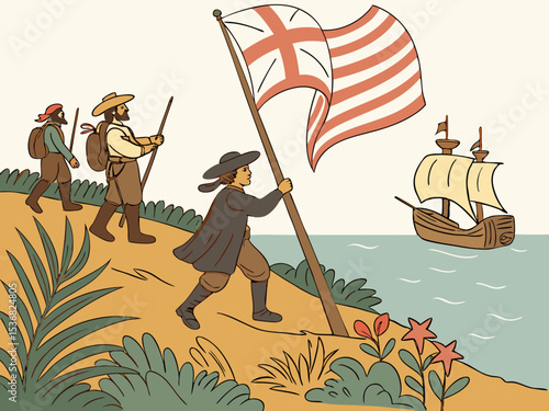 A stylized illustration of a medieval Italian caravel approaching a coastal settlement. A charming, hand-drawn illustration depicting a historical Italian caravel sailing towards a picturesque coastal