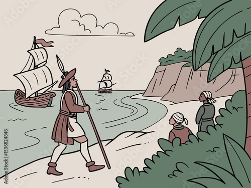 A stylized illustration of a medieval Italian caravel approaching a coastal settlement. A charming, hand-drawn illustration depicting a historical Italian caravel sailing towards a picturesque coastal