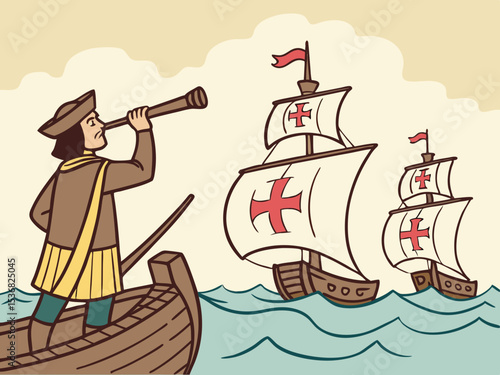 A stylized illustration of a medieval Italian caravel approaching a coastal settlement. A charming, hand-drawn illustration depicting a historical Italian caravel sailing towards a picturesque coastal