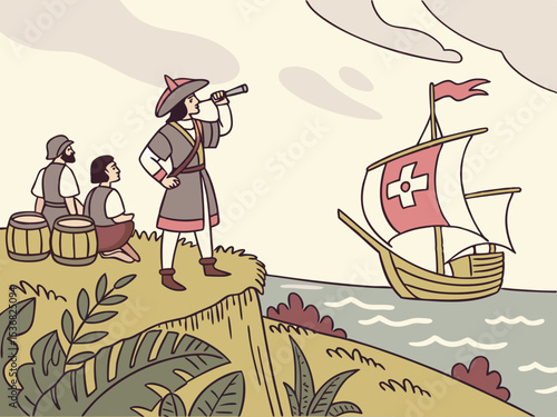A stylized illustration of a medieval Italian caravel approaching a coastal settlement. A charming, hand-drawn illustration depicting a historical Italian caravel sailing towards a picturesque coastal