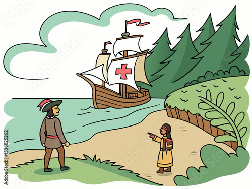 A stylized illustration of a medieval Italian caravel approaching a coastal settlement. A charming, hand-drawn illustration depicting a historical Italian caravel sailing towards a picturesque coastal