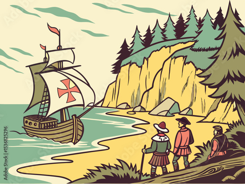 A stylized illustration of a medieval Italian caravel approaching a coastal settlement. A charming, hand-drawn illustration depicting a historical Italian caravel sailing towards a picturesque coastal