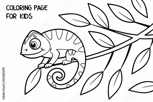 coloring page for kids, a cartoon chameleon sitting on a vine, with a simple leafy background, its body has simple empty sections for kids to color in different patterns, thick outlines, black and whi
