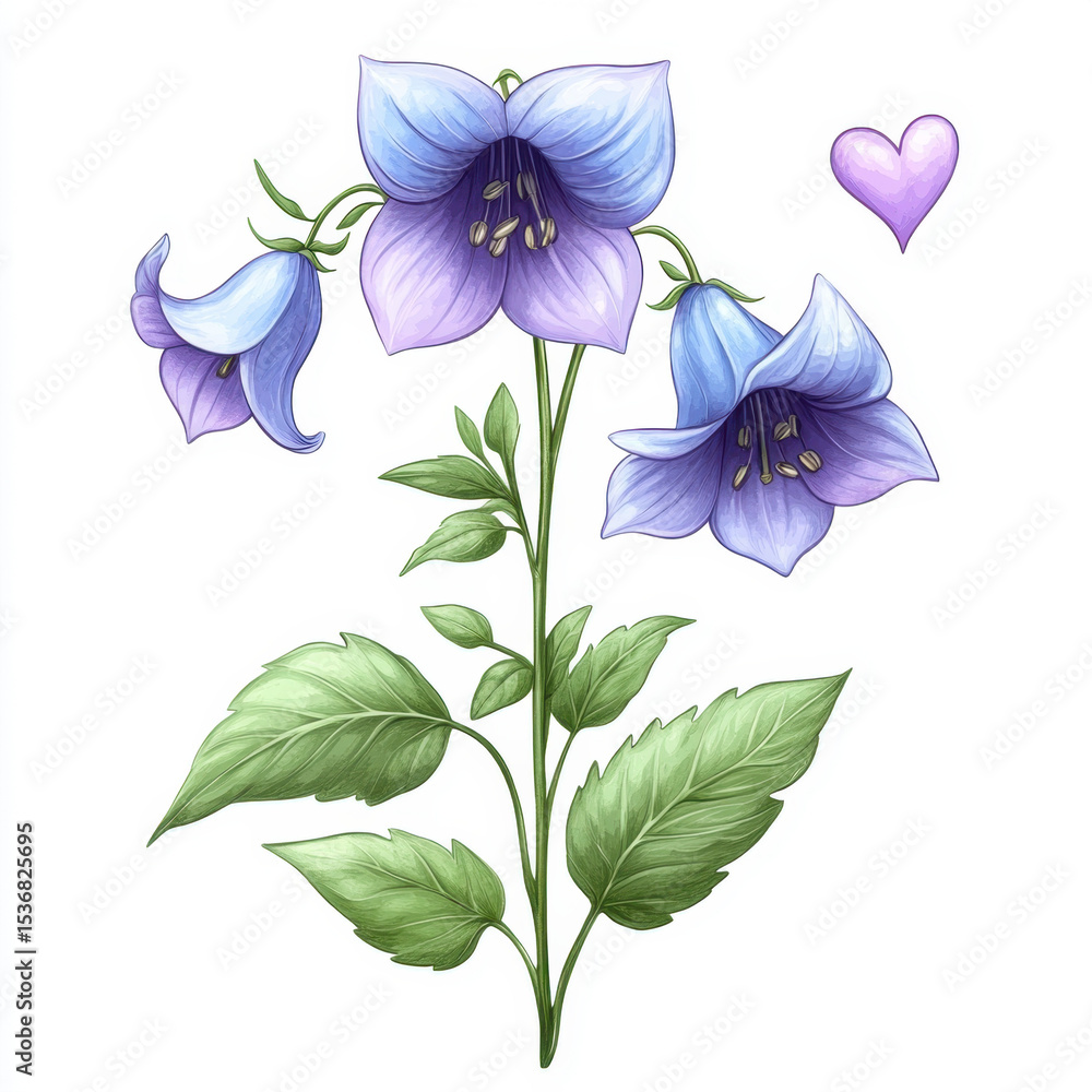 Fototapeta premium Pastel Blue and Purple Bellflowers with Green Leaves and a Pink Heart on White Background